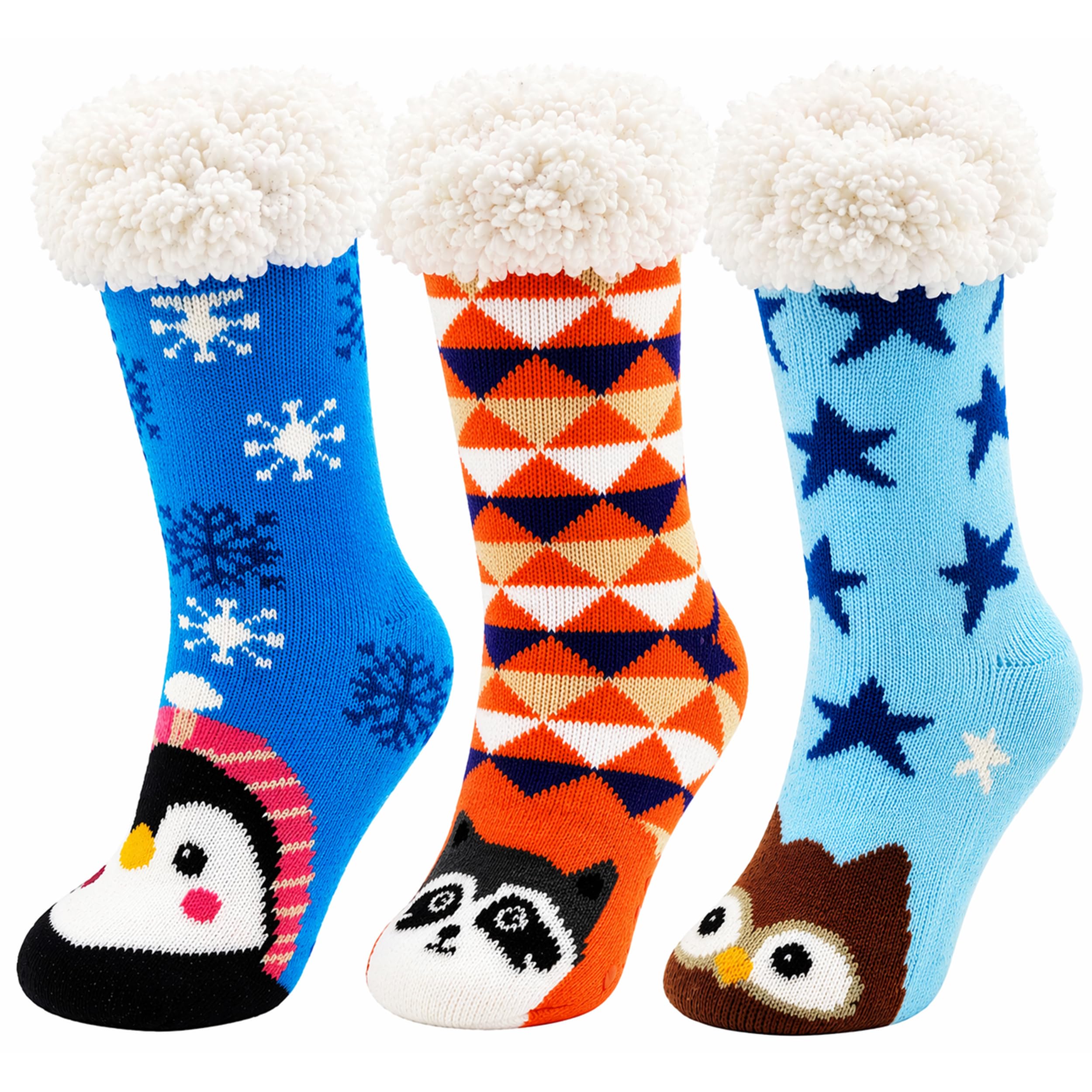 Winterlace Fuzzy Fluffy Slipper Socks, 3 Pairs Womens Sherpa Non Slip Plush Comfy Cozy Cabin Sock