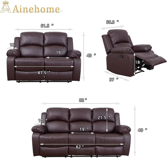 Brown Leather 3 Piece Recliner Sofa Living Room Set
