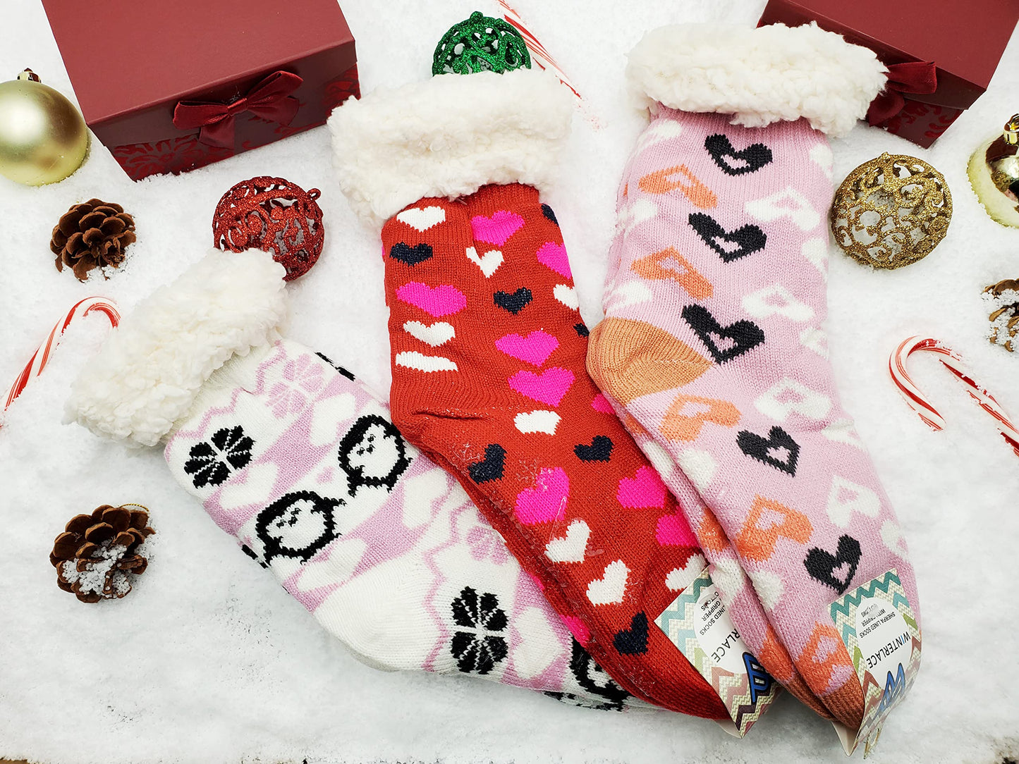 Winterlace Fuzzy Fluffy Slipper Socks, 3 Pairs Womens Sherpa Non Slip Plush Comfy Cozy Cabin Sock
