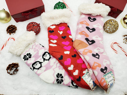 Winterlace Fuzzy Fluffy Slipper Socks, 3 Pairs Womens Sherpa Non Slip Plush Comfy Cozy Cabin Sock