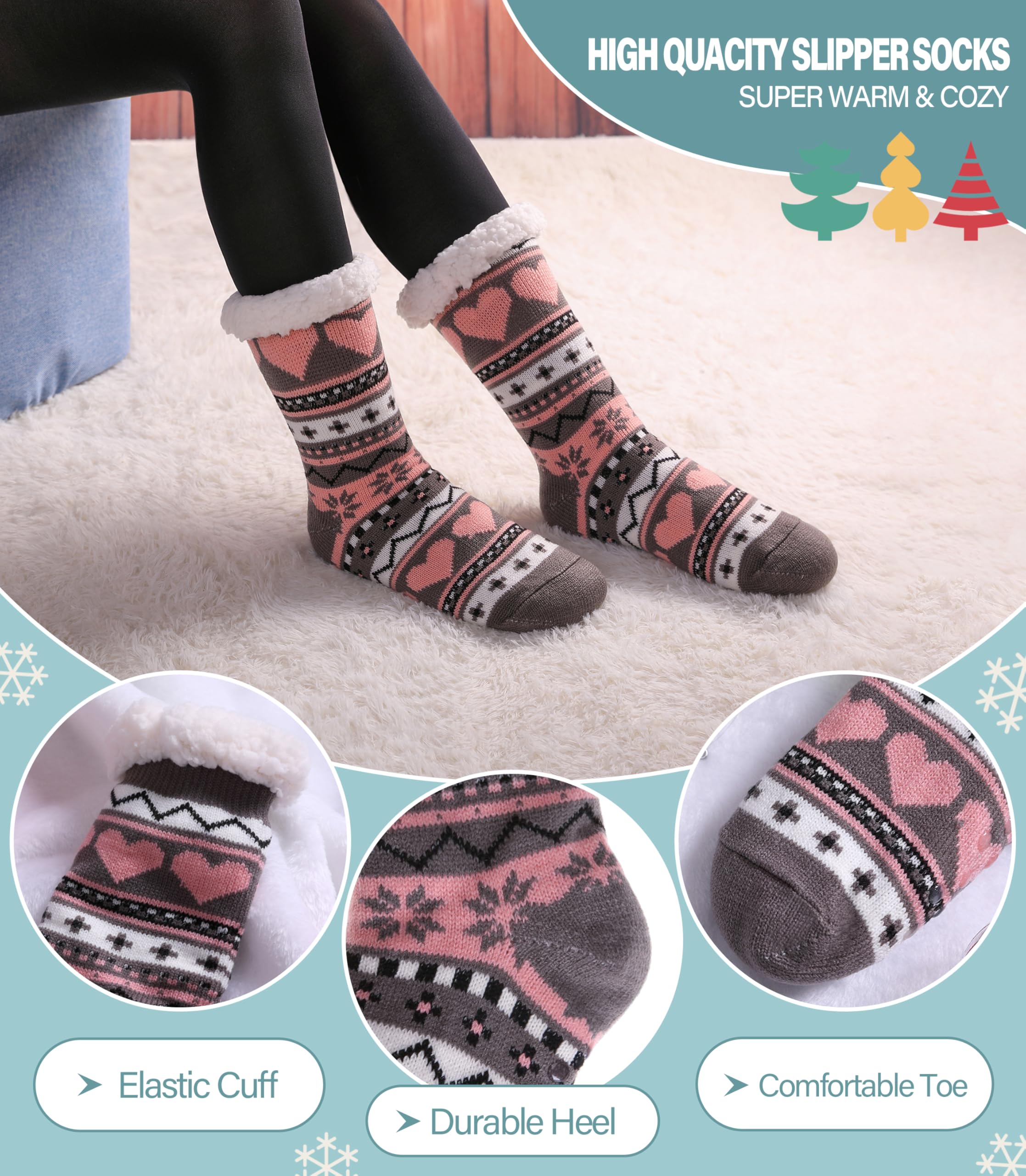 Slipper Socks for Women Fuzzy Non Slip Winter Thick Warm Soft Cozy Fleece Lining Home Socks with Grippers