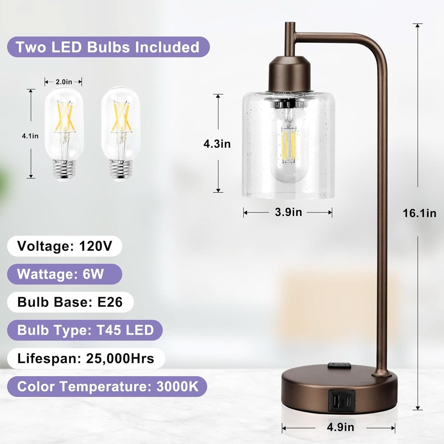 Brown Table Lamps 3-Way Dimmable With USB Ports Set Of 2