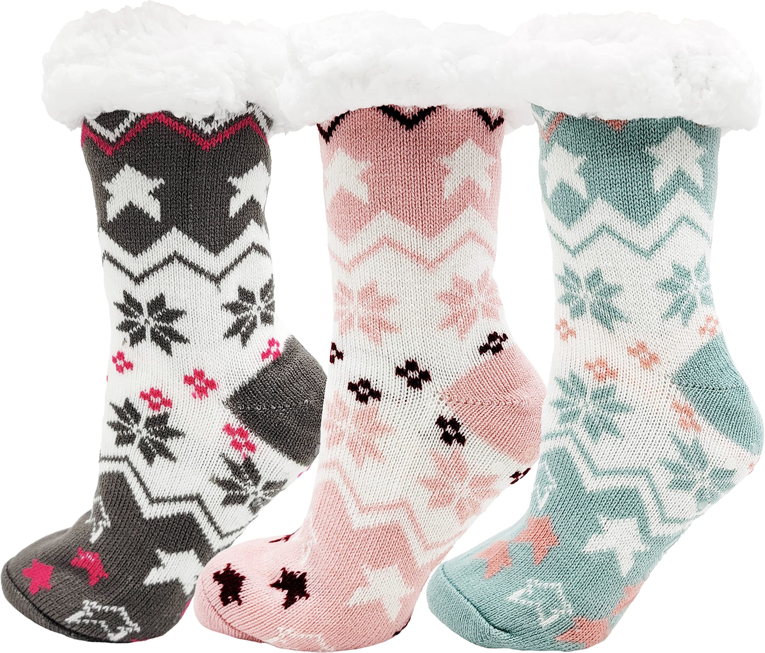 Winterlace Fuzzy Fluffy Slipper Socks, 3 Pairs Womens Sherpa Non Slip Plush Comfy Cozy Cabin Sock