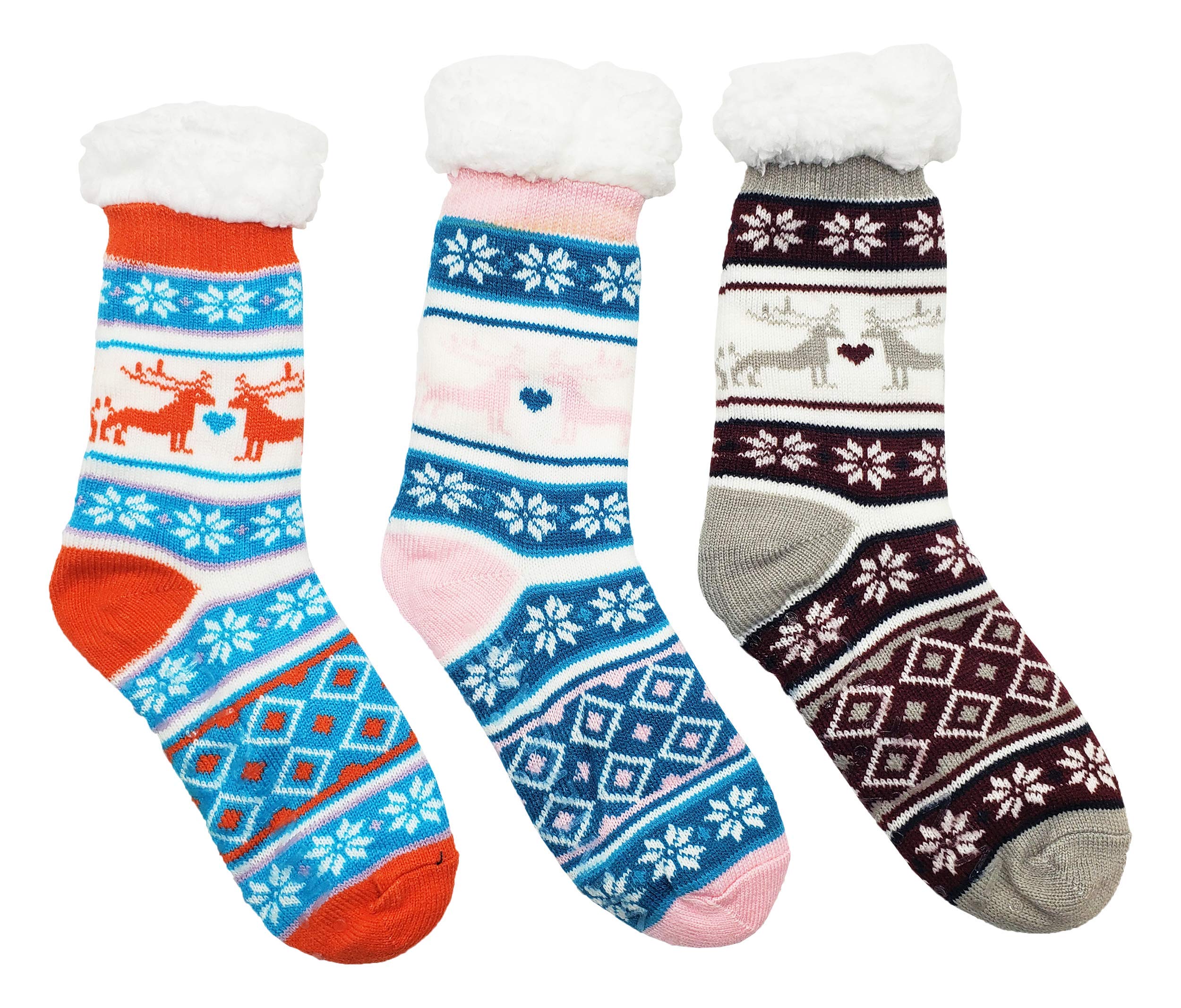 Winterlace Fuzzy Fluffy Slipper Socks, 3 Pairs Womens Sherpa Non Slip Plush Comfy Cozy Cabin Sock