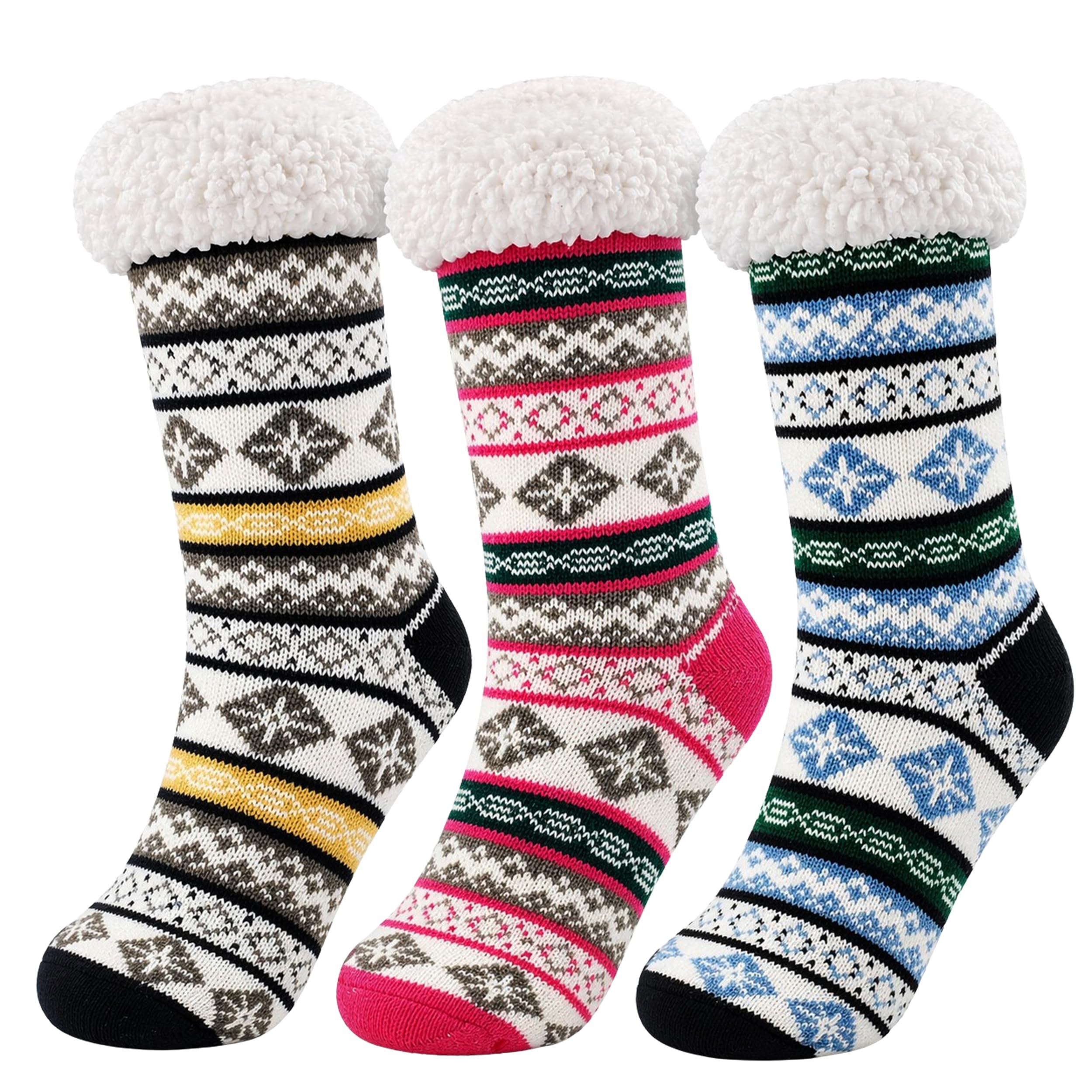 Winterlace Fuzzy Fluffy Slipper Socks, 3 Pairs Womens Sherpa Non Slip Plush Comfy Cozy Cabin Sock