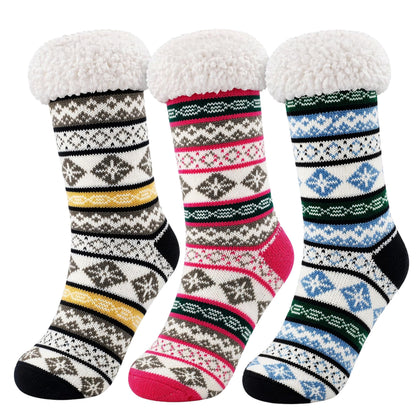 Winterlace Fuzzy Fluffy Slipper Socks, 3 Pairs Womens Sherpa Non Slip Plush Comfy Cozy Cabin Sock