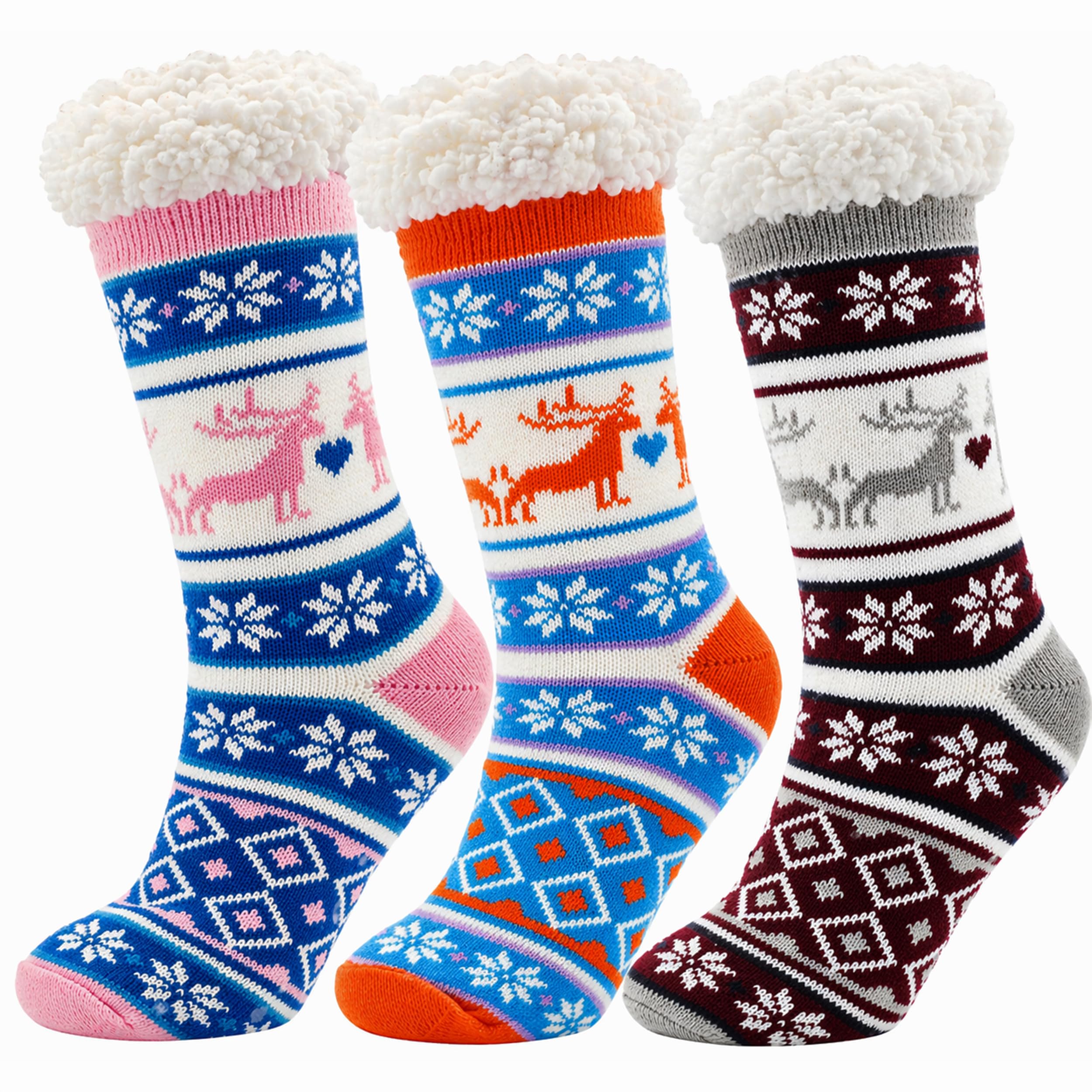 Winterlace Fuzzy Fluffy Slipper Socks, 3 Pairs Womens Sherpa Non Slip Plush Comfy Cozy Cabin Sock