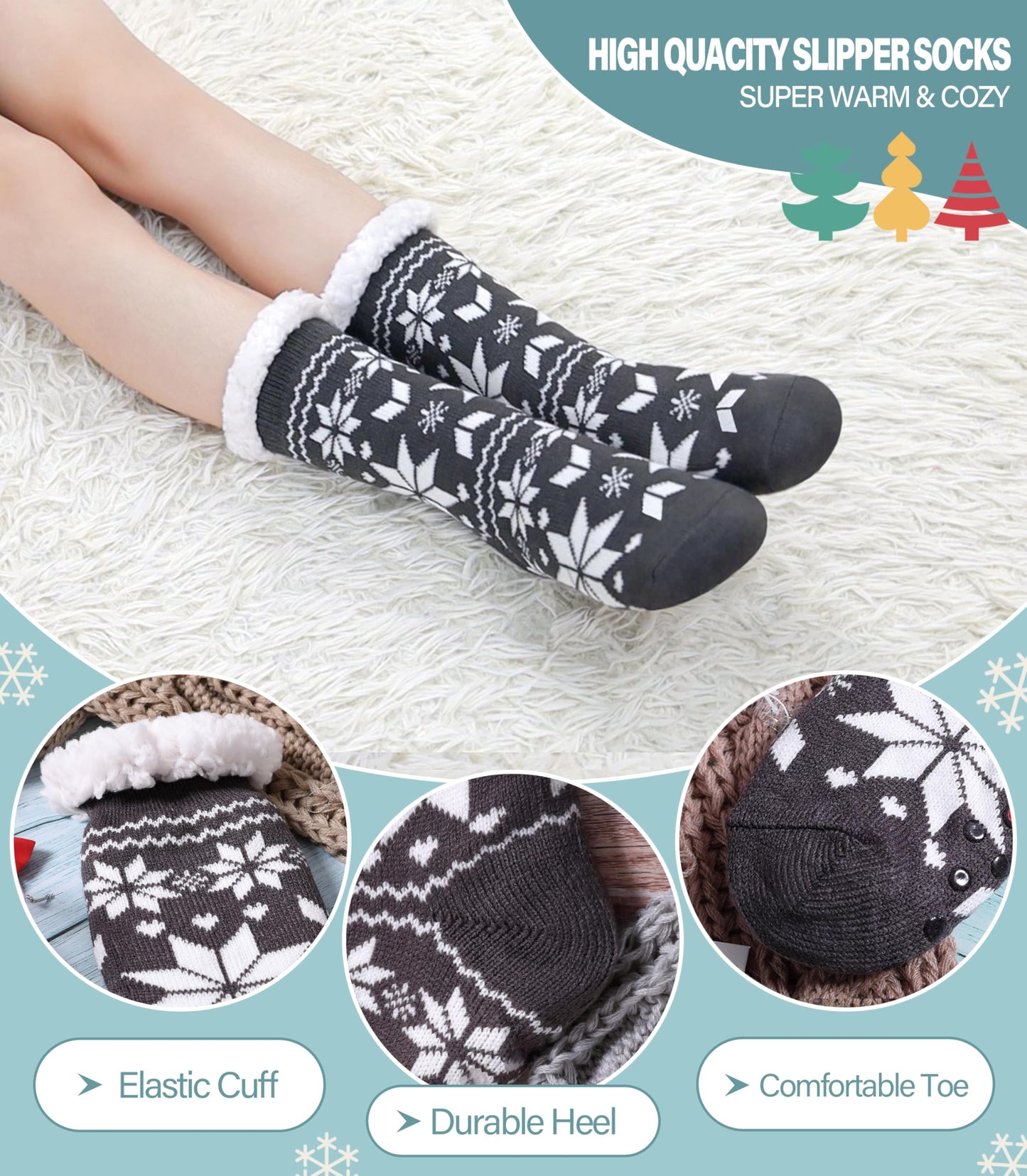 Slipper Socks for Women Fuzzy Non Slip Winter Thick Warm Soft Cozy Fleece Lining Home Socks with Grippers