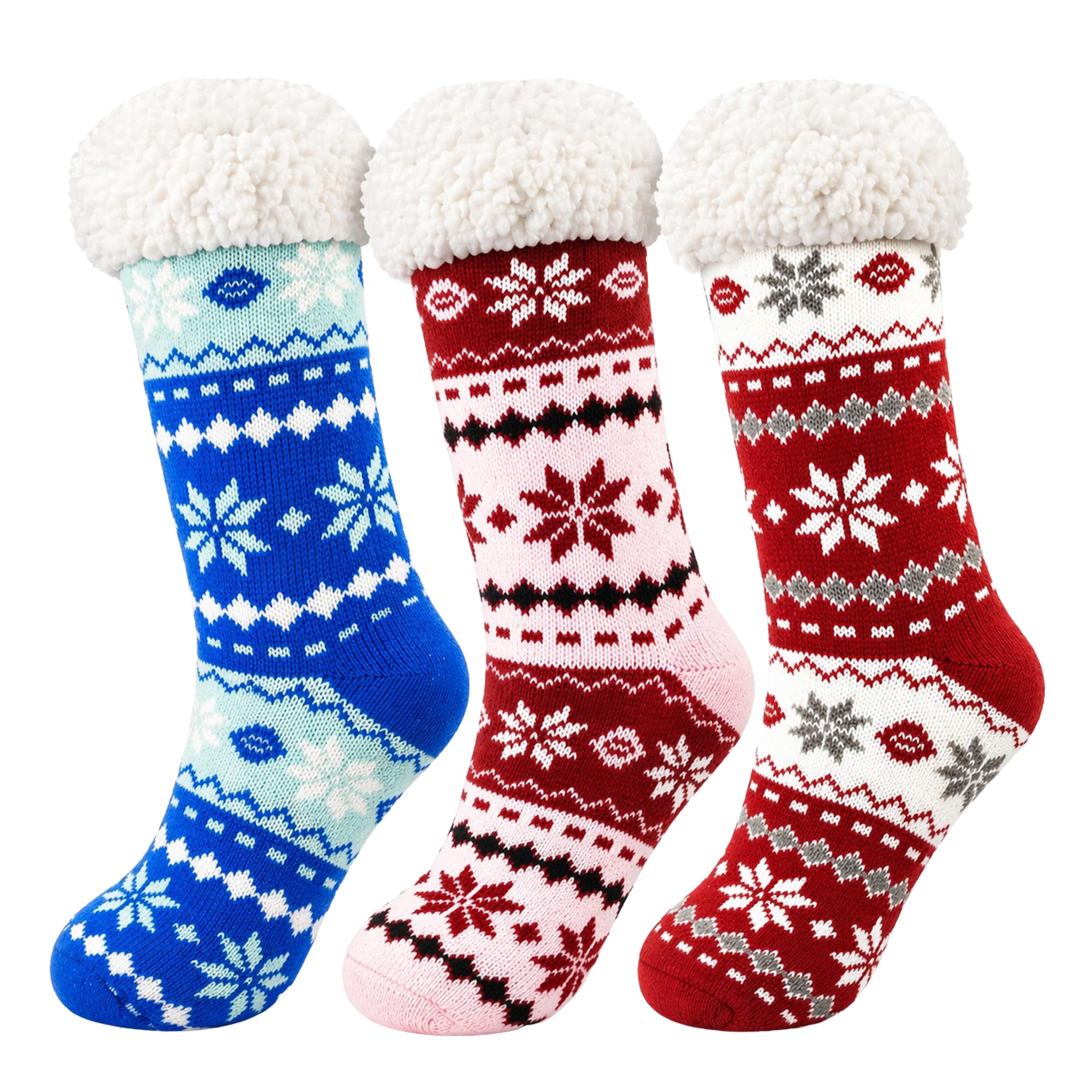 Winterlace Fuzzy Fluffy Slipper Socks, 3 Pairs Womens Sherpa Non Slip Plush Comfy Cozy Cabin Sock