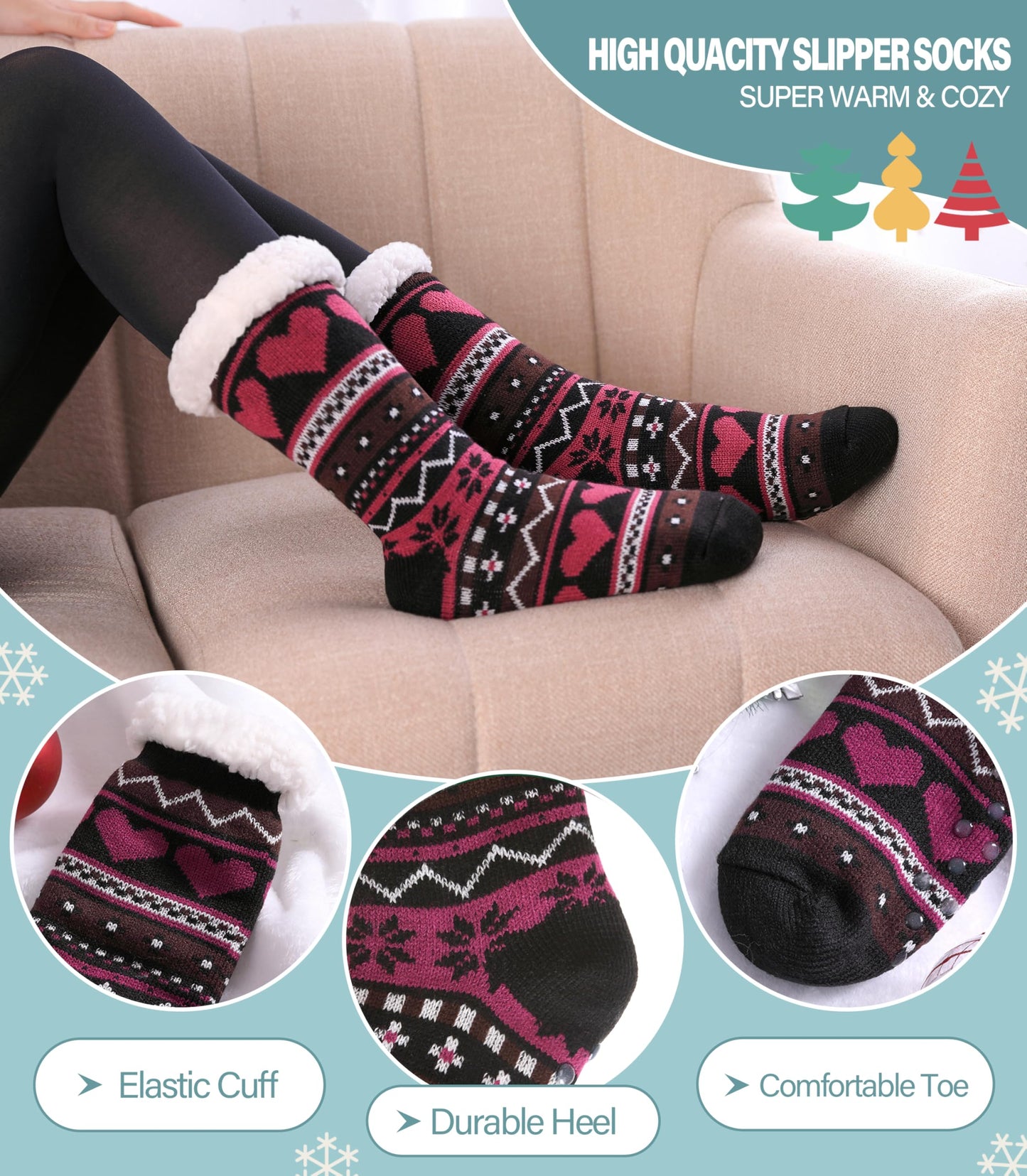 Slipper Socks for Women Fuzzy Non Slip Winter Thick Warm Soft Cozy Fleece Lining Home Socks with Grippers