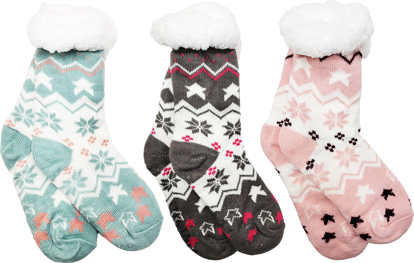 Winterlace Fuzzy Fluffy Slipper Socks, 3 Pairs Womens Sherpa Non Slip Plush Comfy Cozy Cabin Sock