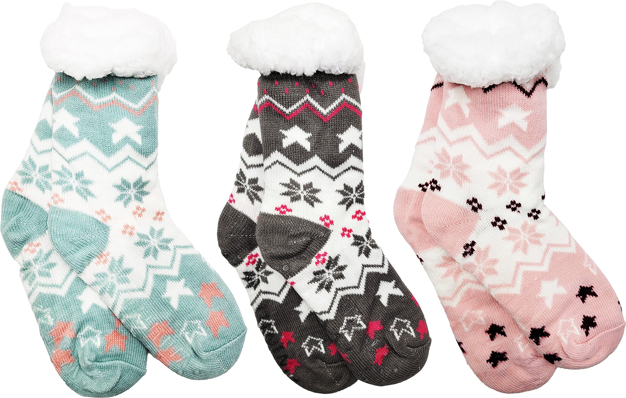 Winterlace Fuzzy Fluffy Slipper Socks, 3 Pairs Womens Sherpa Non Slip Plush Comfy Cozy Cabin Sock