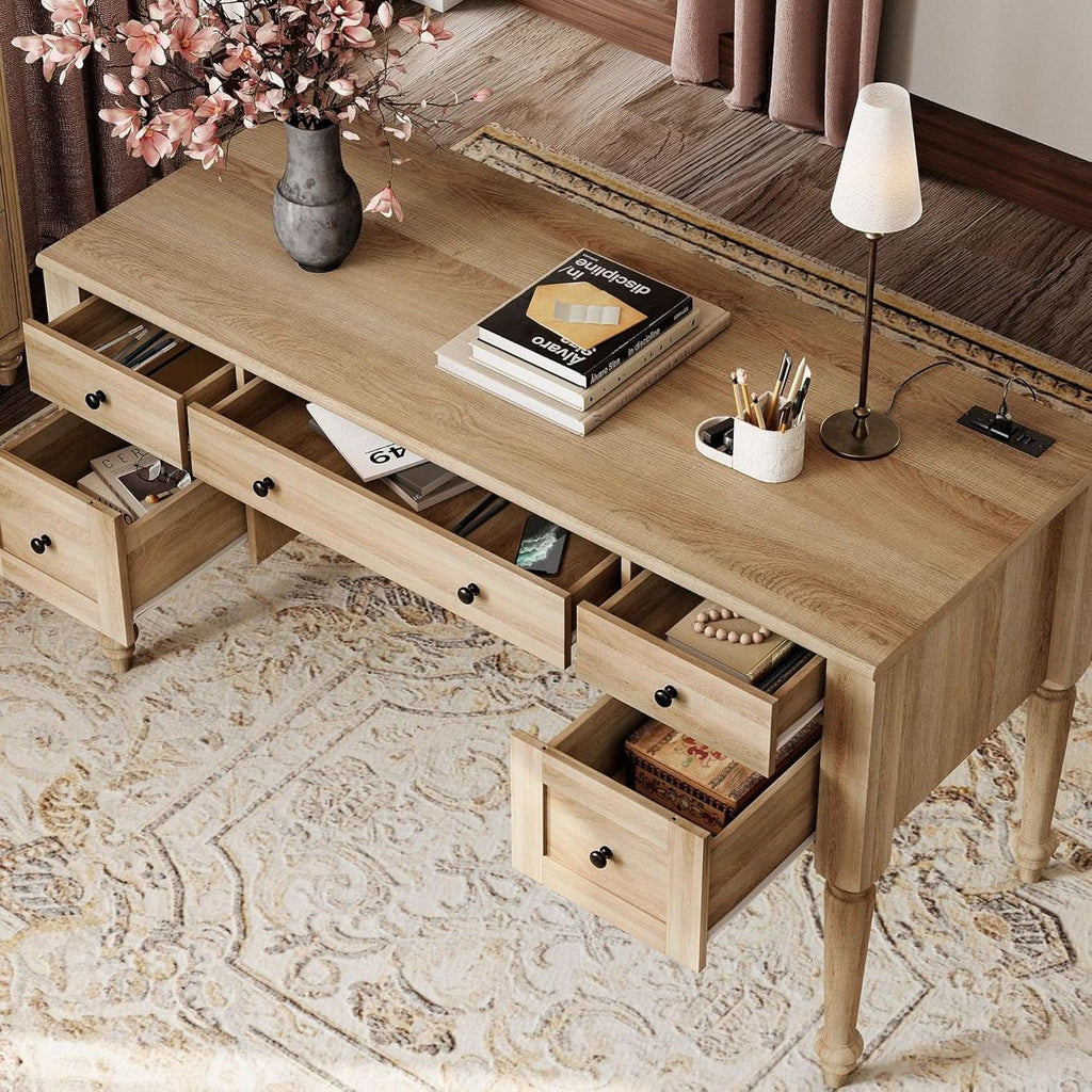 56 Inch Oak Executive Desk With Integrated Charging System