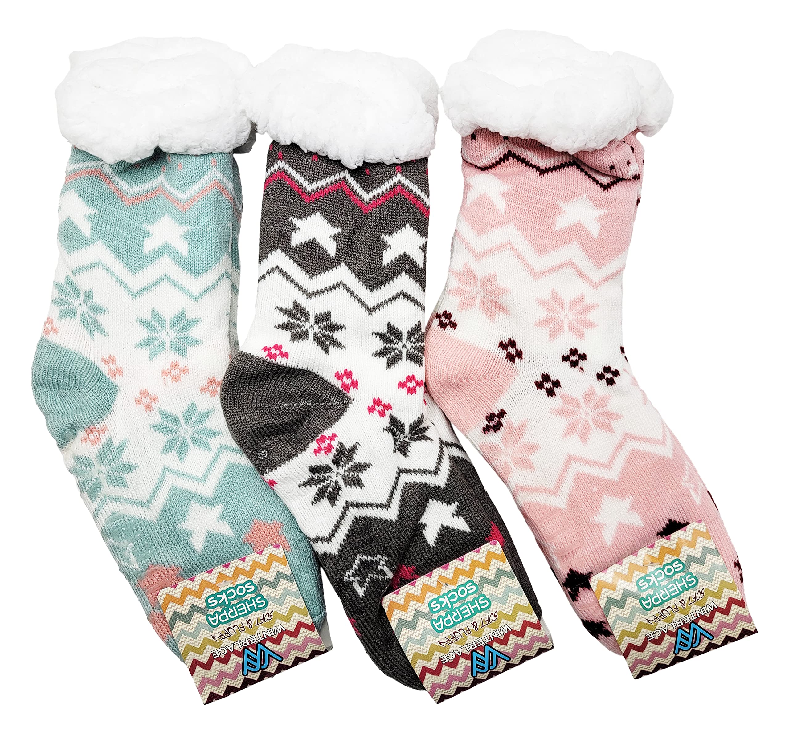 Winterlace Fuzzy Fluffy Slipper Socks, 3 Pairs Womens Sherpa Non Slip Plush Comfy Cozy Cabin Sock
