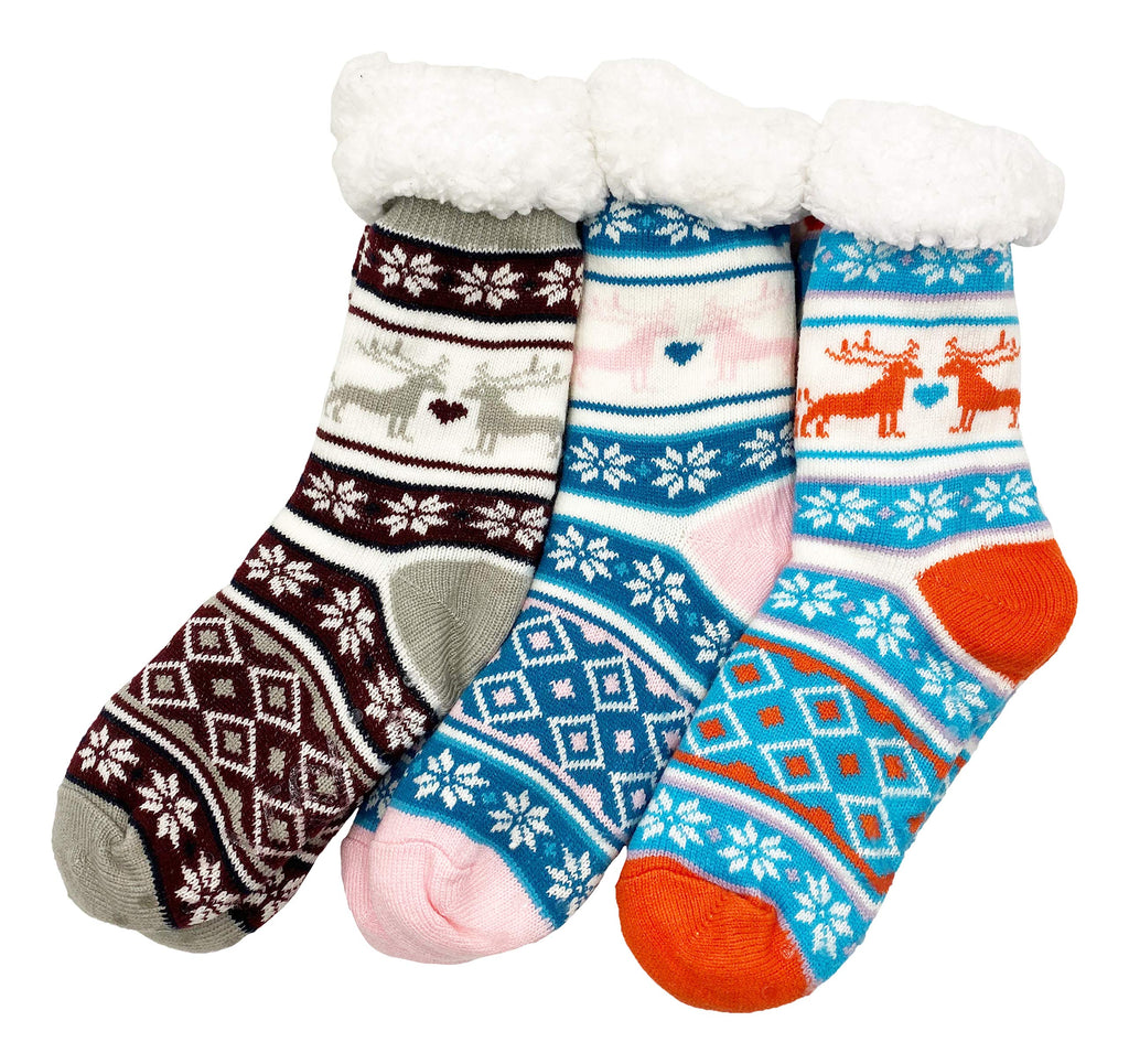Winterlace Fuzzy Fluffy Slipper Socks, 3 Pairs Womens Sherpa Non Slip Plush Comfy Cozy Cabin Sock