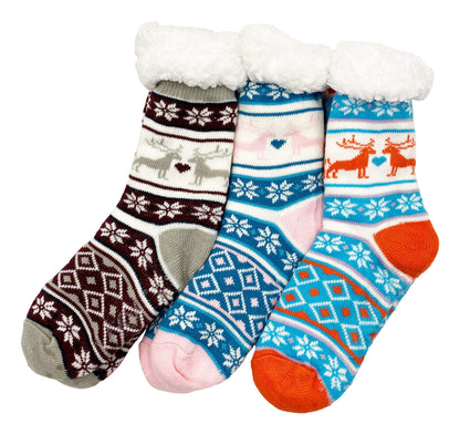 Winterlace Fuzzy Fluffy Slipper Socks, 3 Pairs Womens Sherpa Non Slip Plush Comfy Cozy Cabin Sock