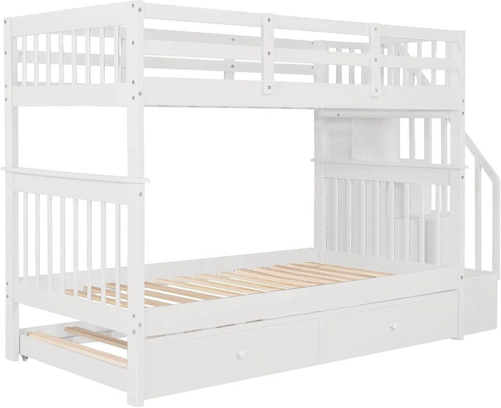 Twin Over Twin Bunk Bed With Stairs And Trundle White