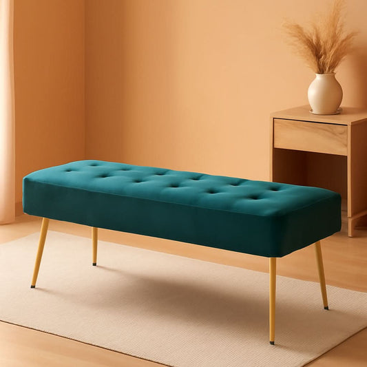 Velvet Upholstered Button Tufted Ottoman Gold Base