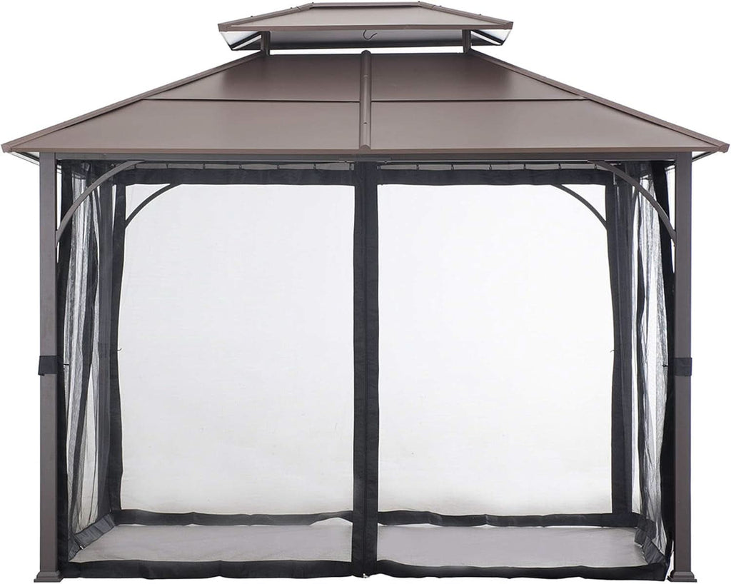 10x12 Brown Hardtop Gazebo With Steel Frame And Netting For Outdoor Patio Garden Canopy Shelter
