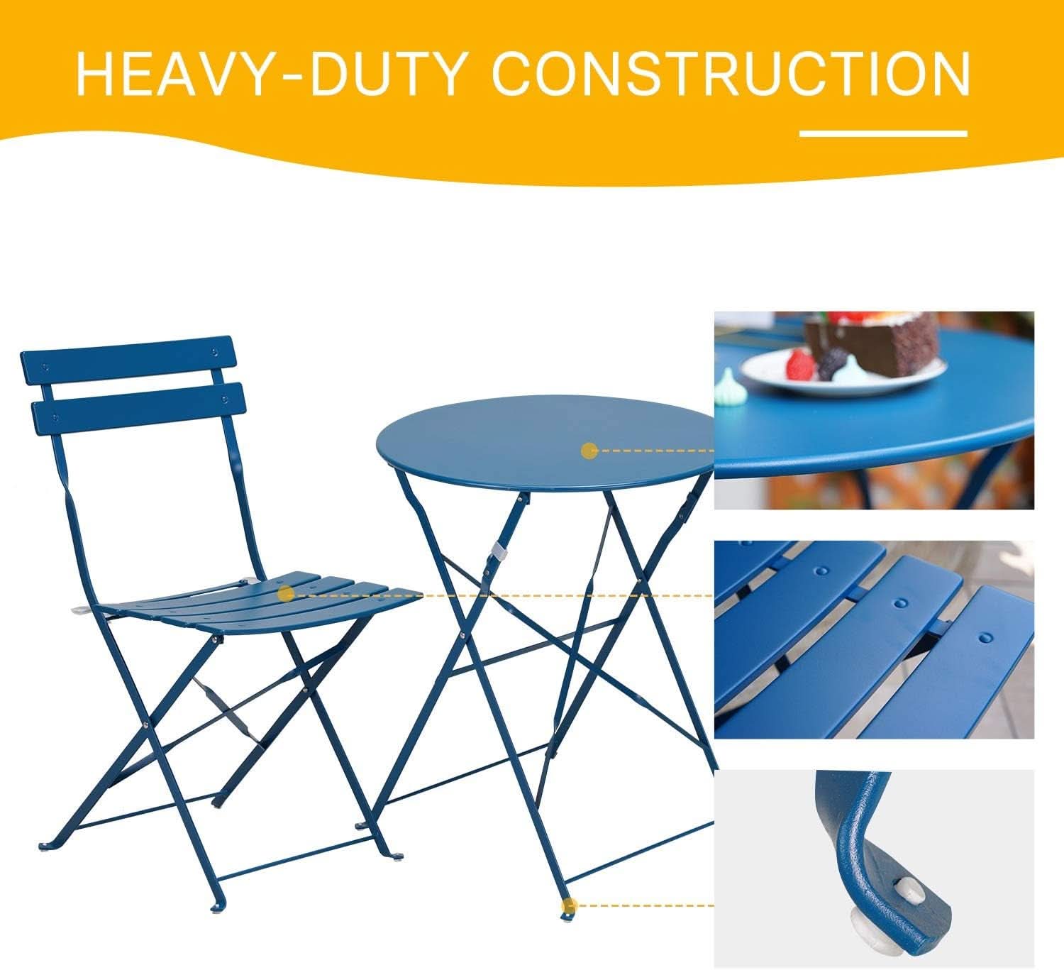 Peacock Blue 3 Piece Folding Bistro Set For Patio Garden