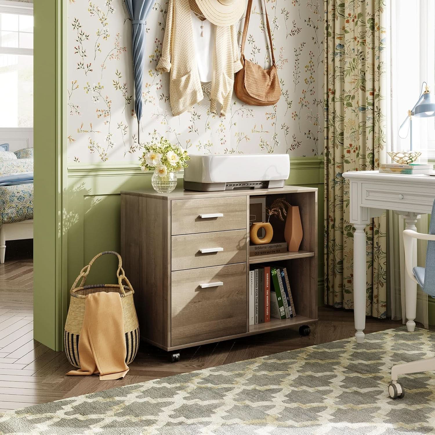 Three Drawer Mobile File Cabinet In Gray Oak With Open Shelves Printer Stand For Home Office