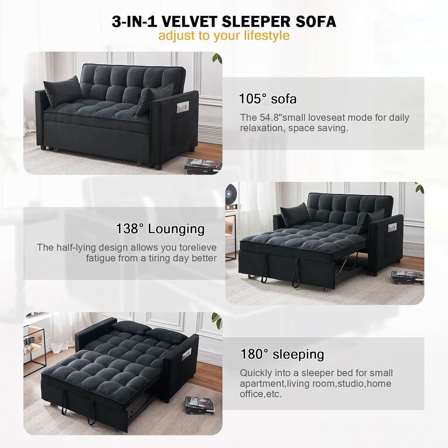 Black Velvet Sleeper Sofa With Adjustable Backrest