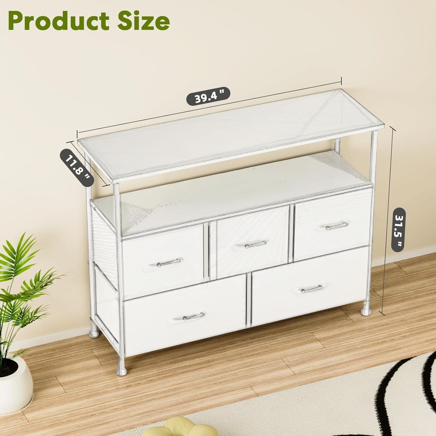 TV Stand Dresser With 5 Fabric Drawers White Wood Top