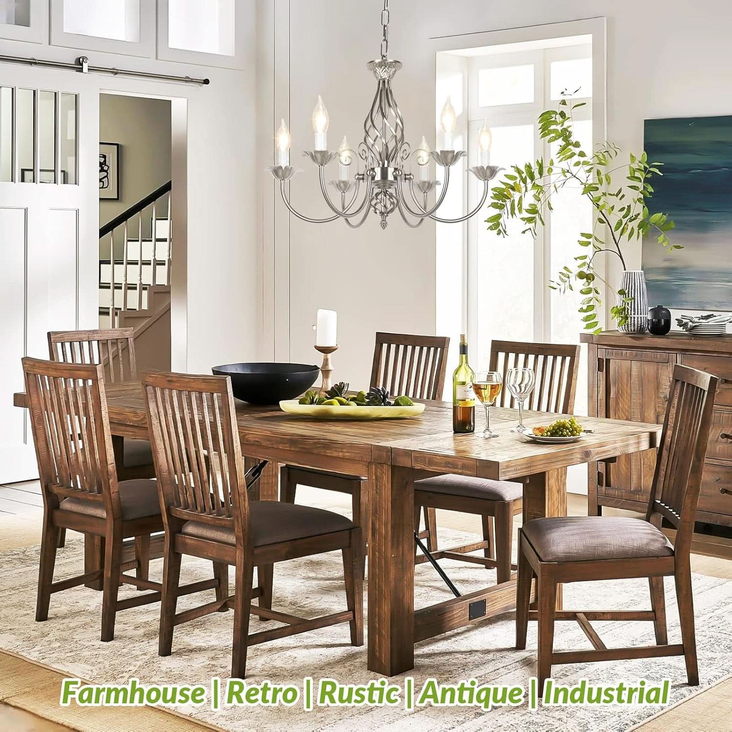 6-Light Rustic Farmhouse Candle Chandelier, Brushed Nickel