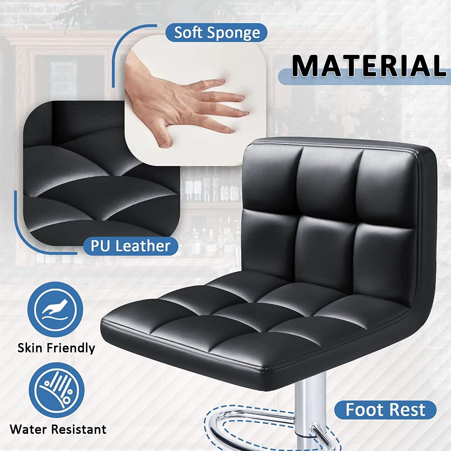 Black PU Leather Adjustable Swivel Bar Stools Set Of 2
