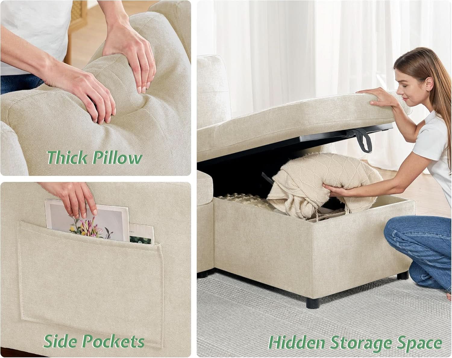 Linen Beige Multifunctional Sleeper Sofa With Storage