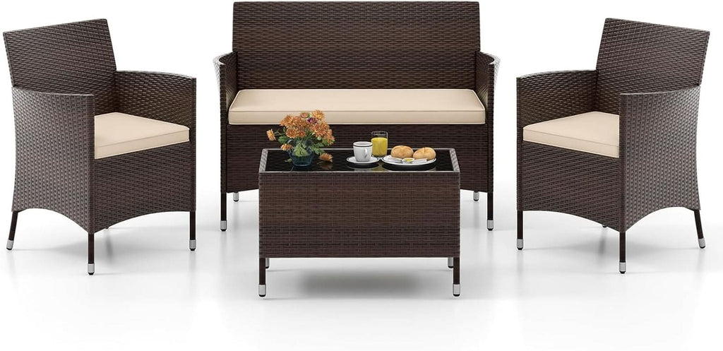 4-Piece Outdoor Rattan Conversation Set with Cushions