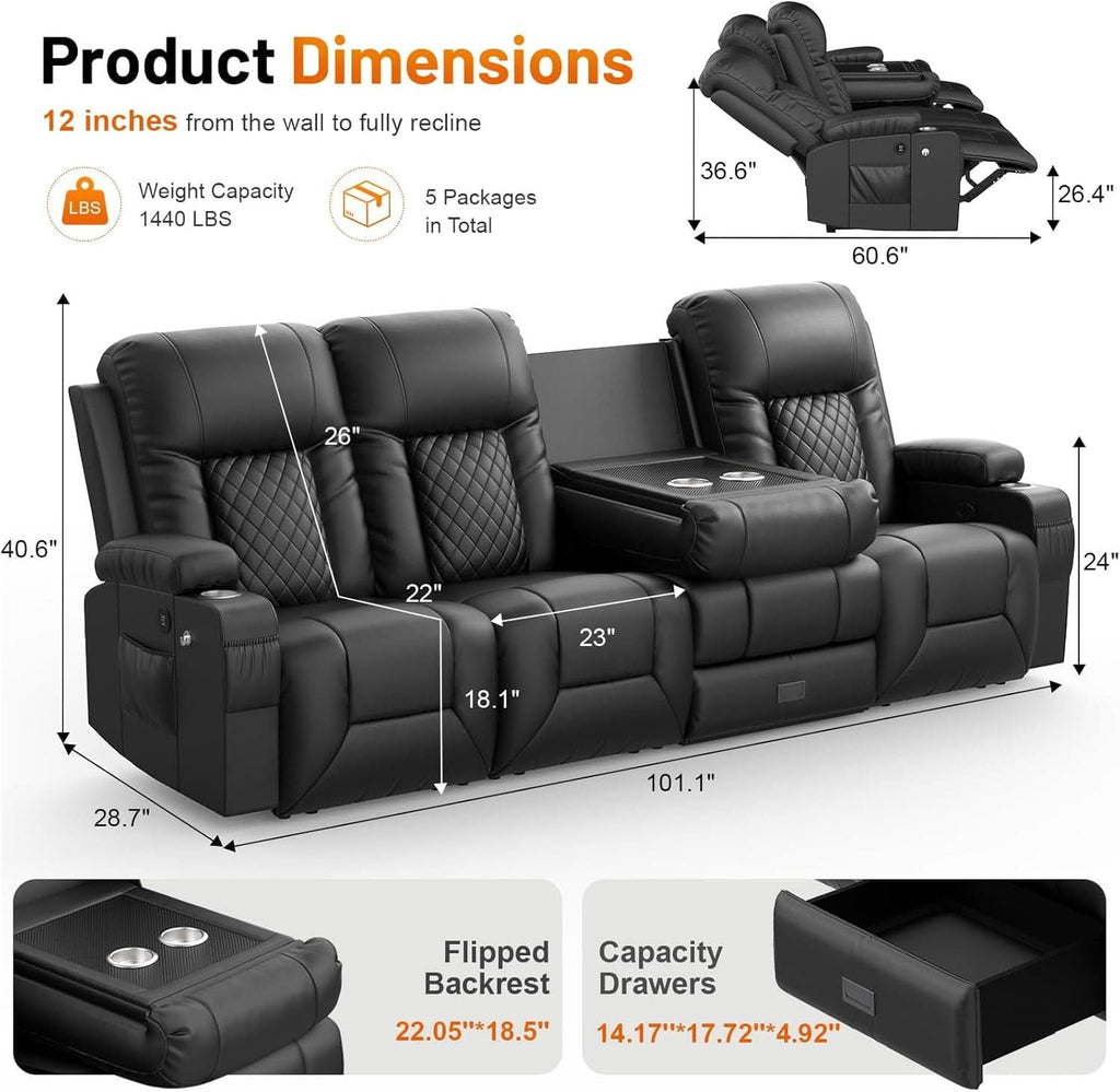Black PU Leather Four Seater Recliner With USB Ports