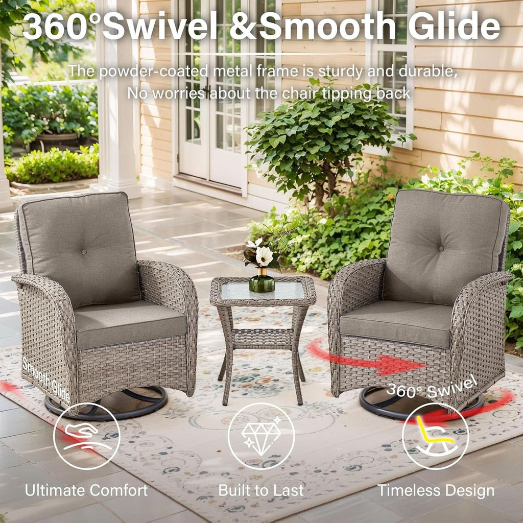 5 Piece Outdoor Patio Set Gray Wicker Swivel Rockers