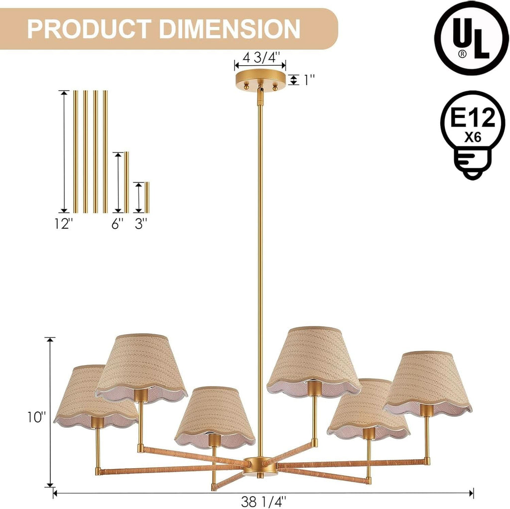 39 Inch Boho Rattan Chandelier Pendant Light 6 Lights