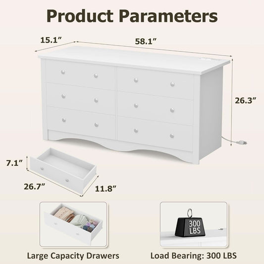 Eggshell WardrobeSystem Six Drawer Dresser With USB Type C Charging
