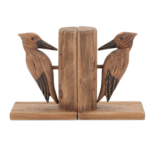 Set of 2 Rustic Pine Wood Woodpecker Bookends – Farmhouse Shelf Decor, Bird Bookends for Living Room & Home Office