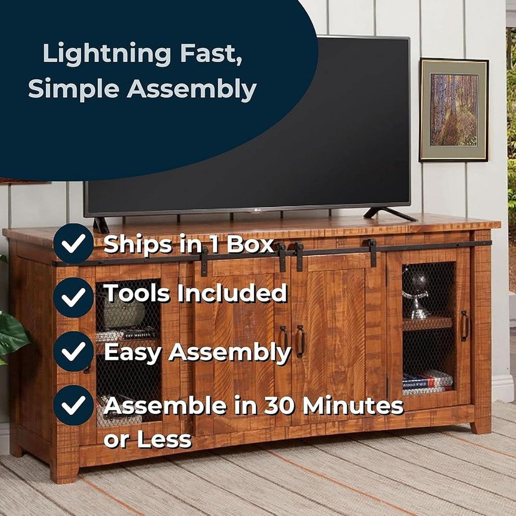65 Inch Solid Wood TV Stand Honey Tobacco With Rustic Doors