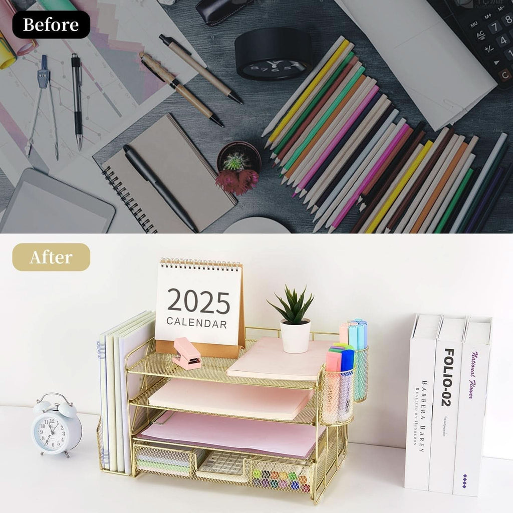 4 Tier Paper Tray Organizer With Drawer For Office Use