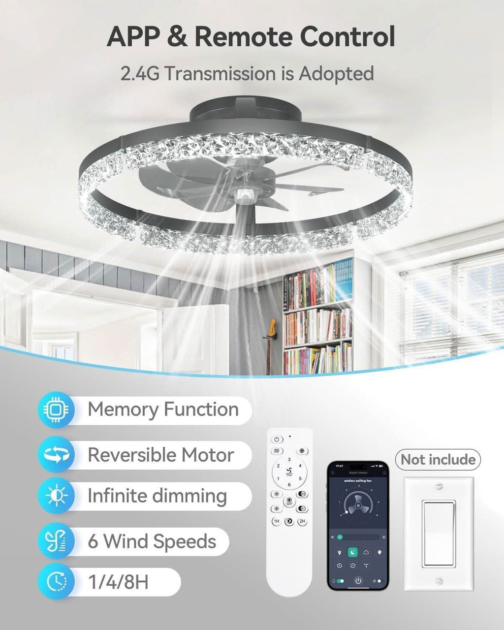 20 Inch Black Low Profile Ceiling Fan With Remote Dimmable