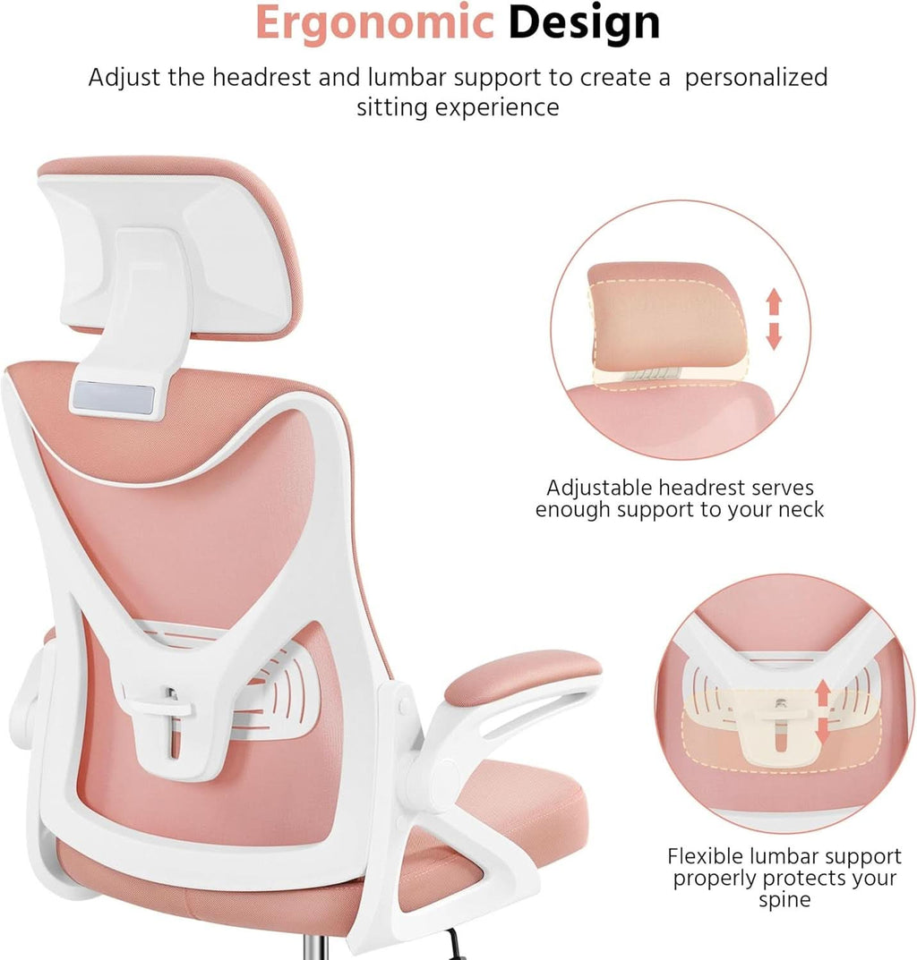 Ergonomic Office Chair High Back Mesh White Pink Lumbar