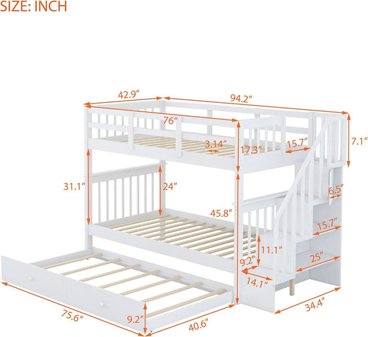 Twin Over Twin Bunk Bed With Stairs And Trundle White