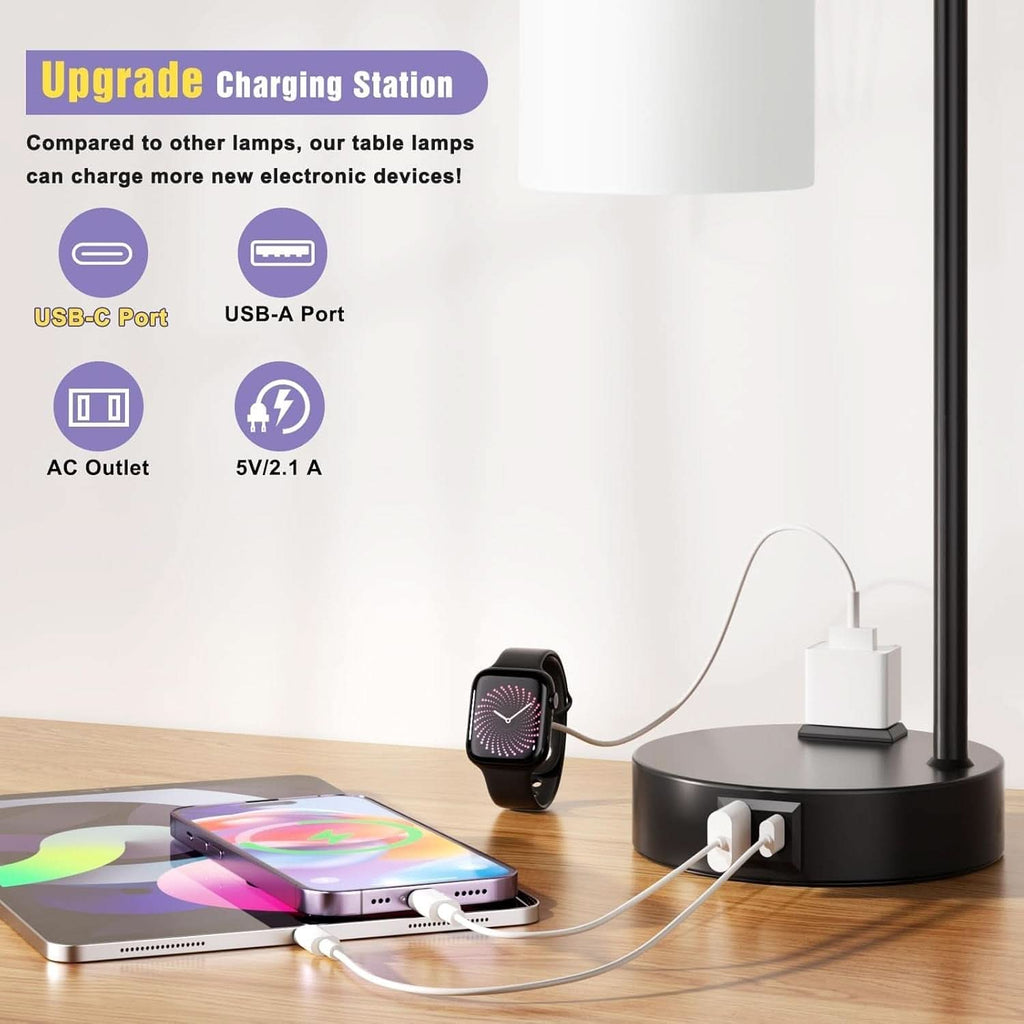 Industrial Touch Bedside Lamps 3-Way Dimmable USB-C