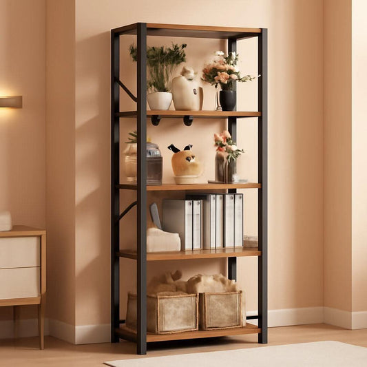 Tall Industrial Bookcase 6 Tier Rustic Brown Storage