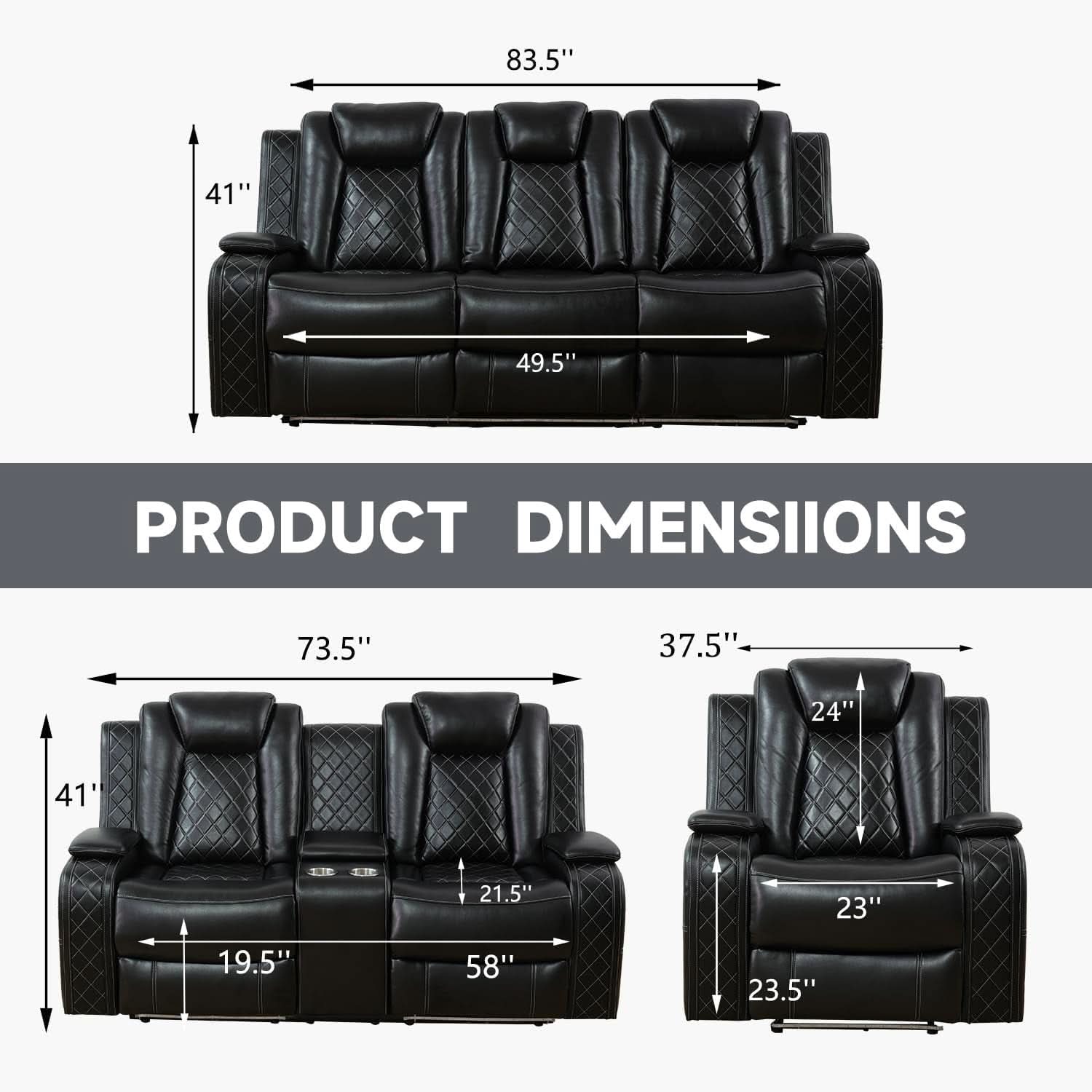 Power Reclining Leather Sofa Set With USB Ports Black