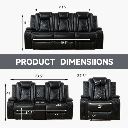Power Reclining Leather Sofa Set With USB Ports Black