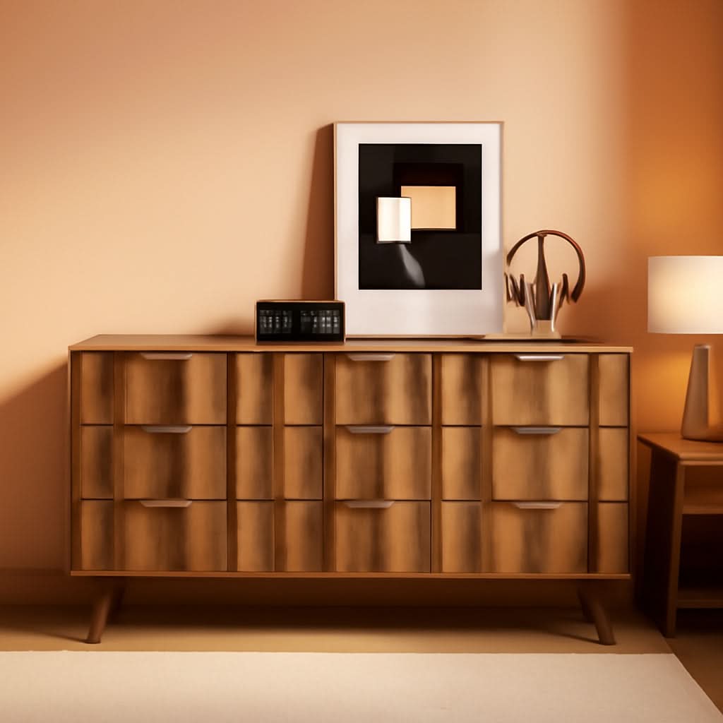 Walnut 9 Drawer Dresser With Fluted Fronts For Bedroom