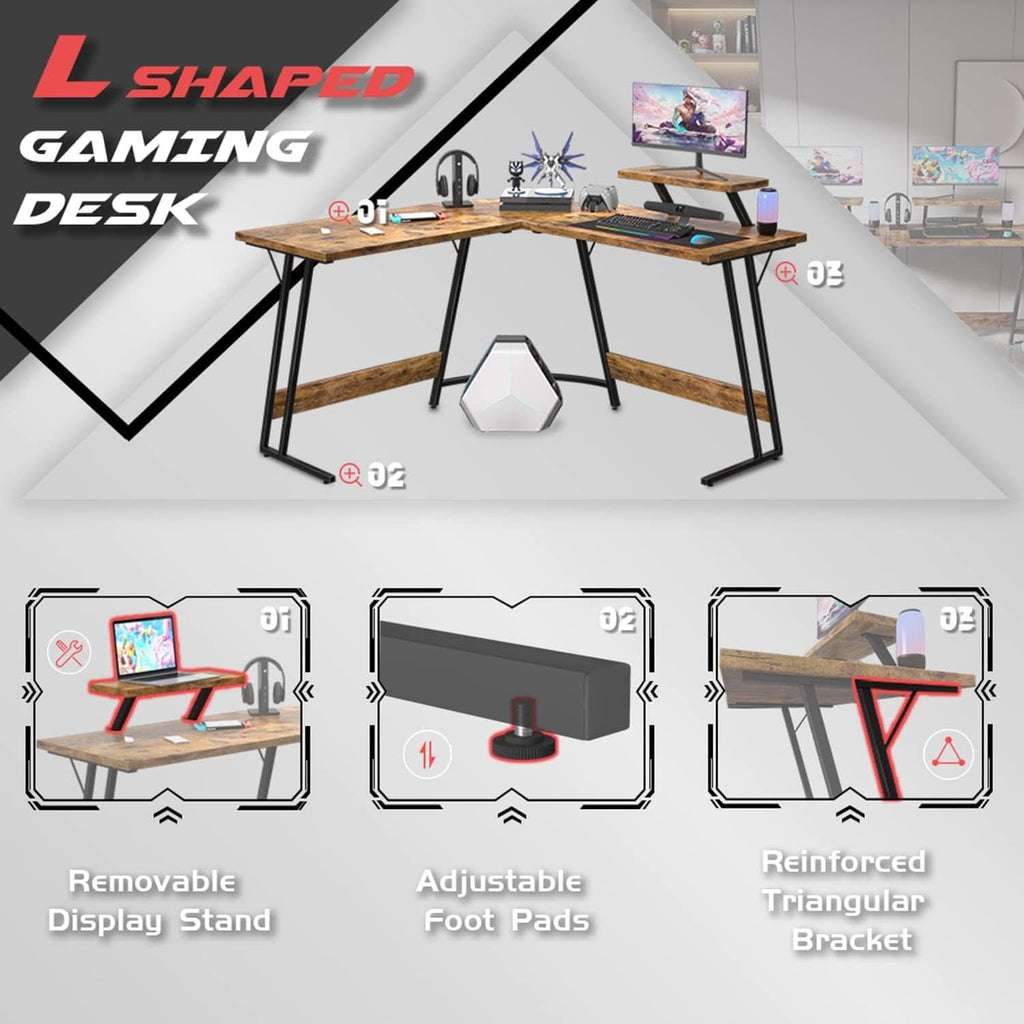 L Shaped Gaming Desk 51 Inch With Monitor Riser Brown