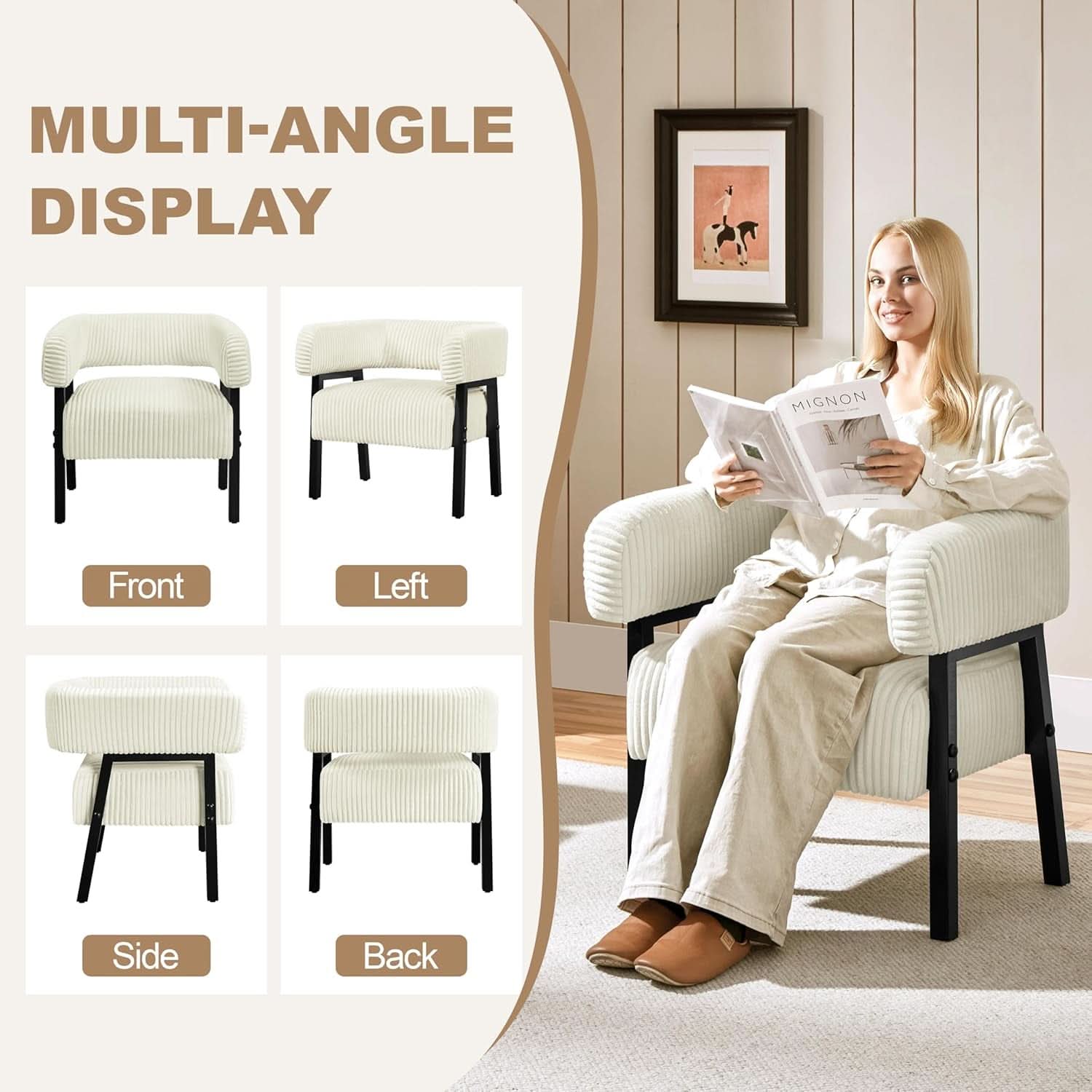 Beige Corduroy Barrel Chair Set Of 2 With Wood Legs
