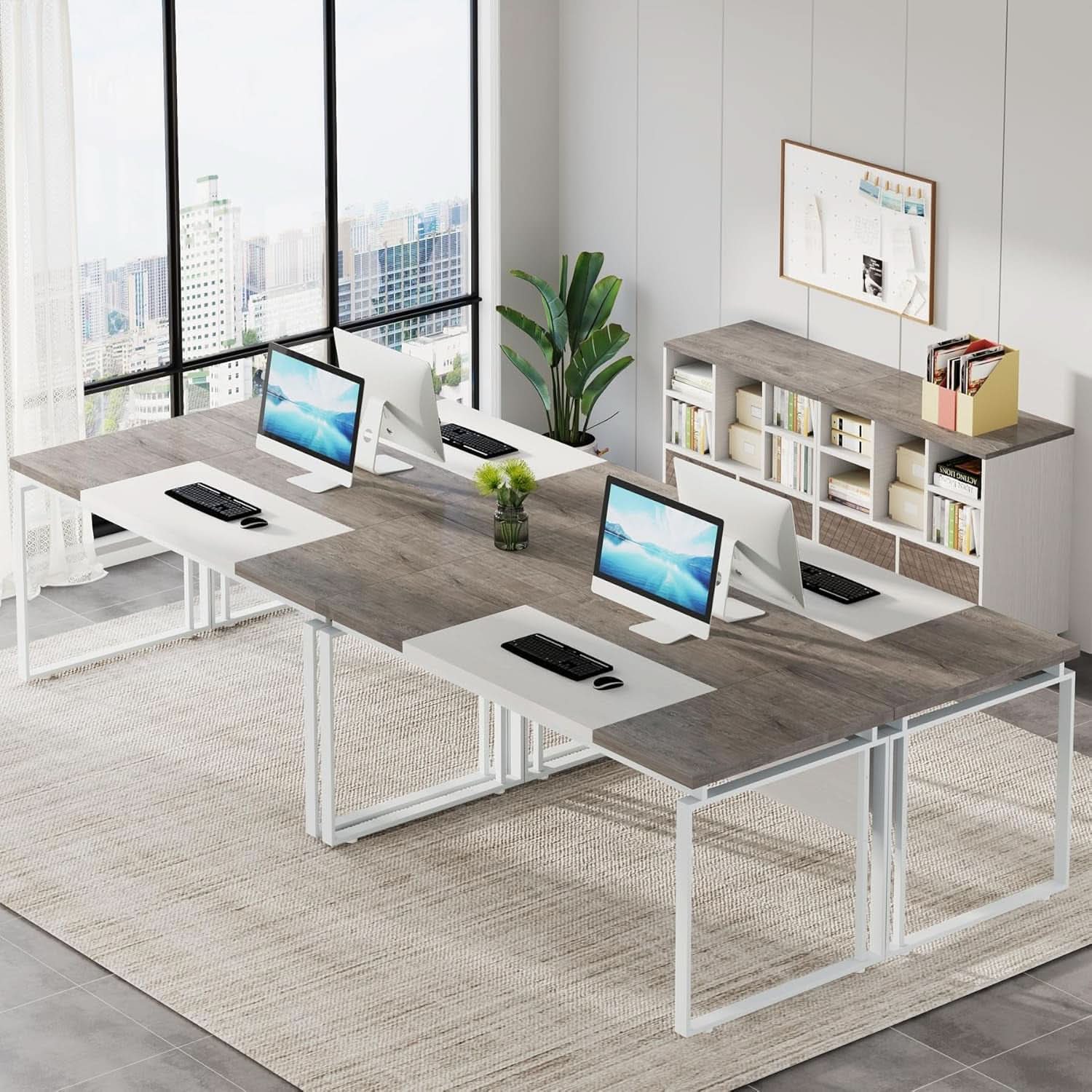 63 Inch L Shaped Desk Gray White With Reversible File Cabinet