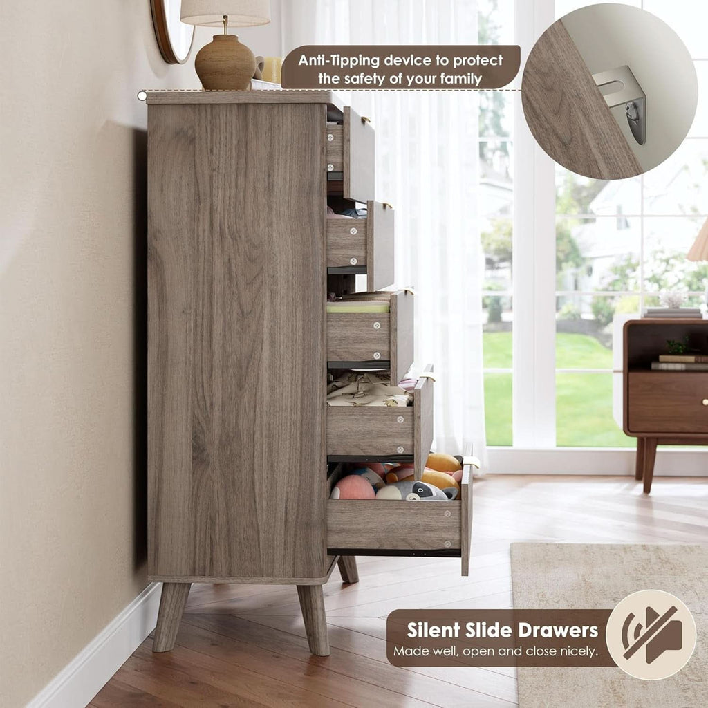 Grey Fluted Contemporary Five Drawer Bedroom Dresser